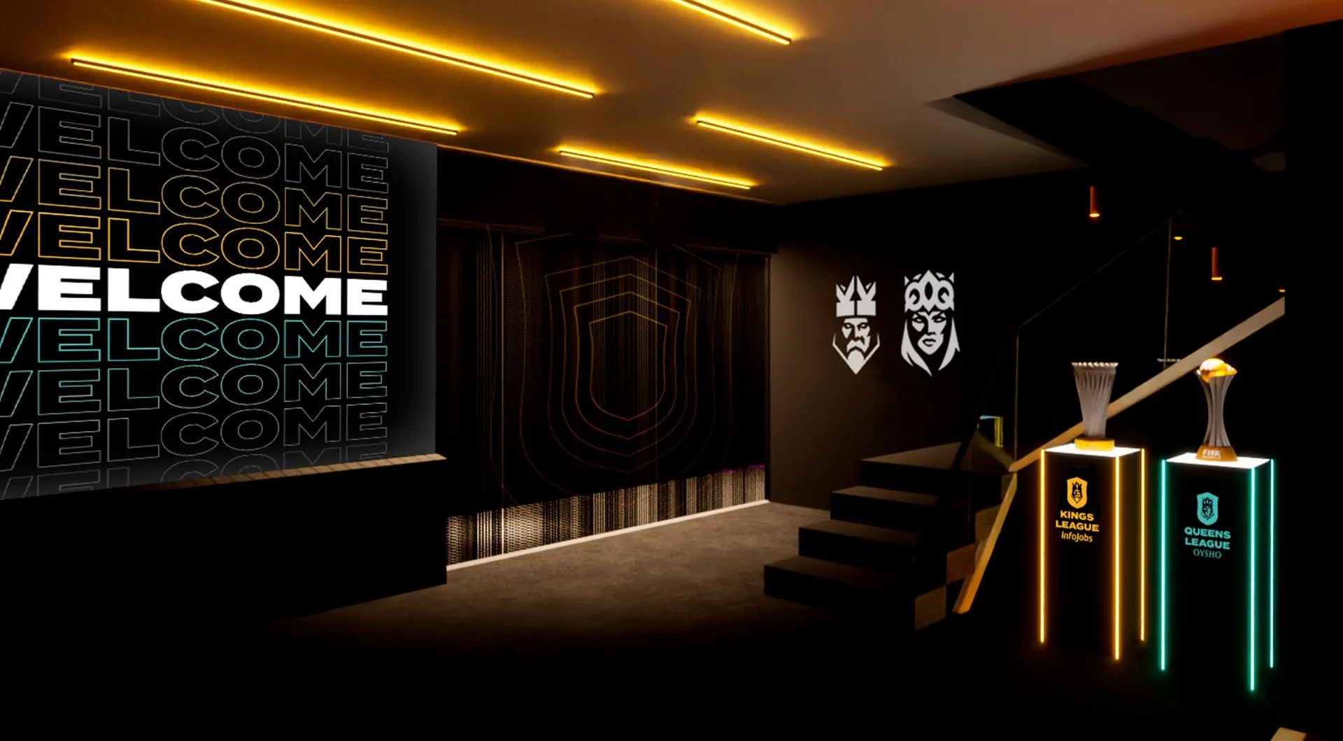 Interior space of the Kings League and Queens League project with immersive design, linear ceiling lighting, welcome graphics, central staircases and exhibition pedestals for the trophies.