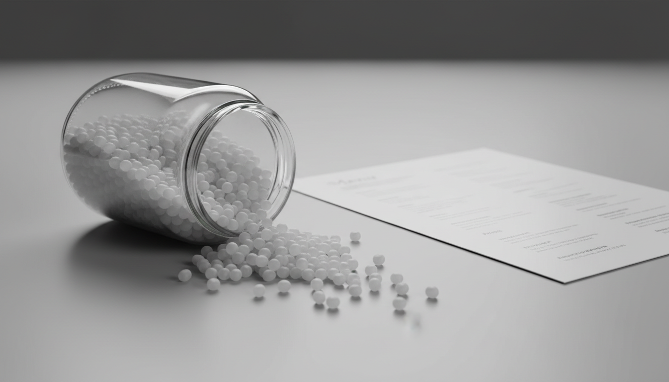 White polymer granules together with a printed sheet of synthetic paper showing its industrial origin.