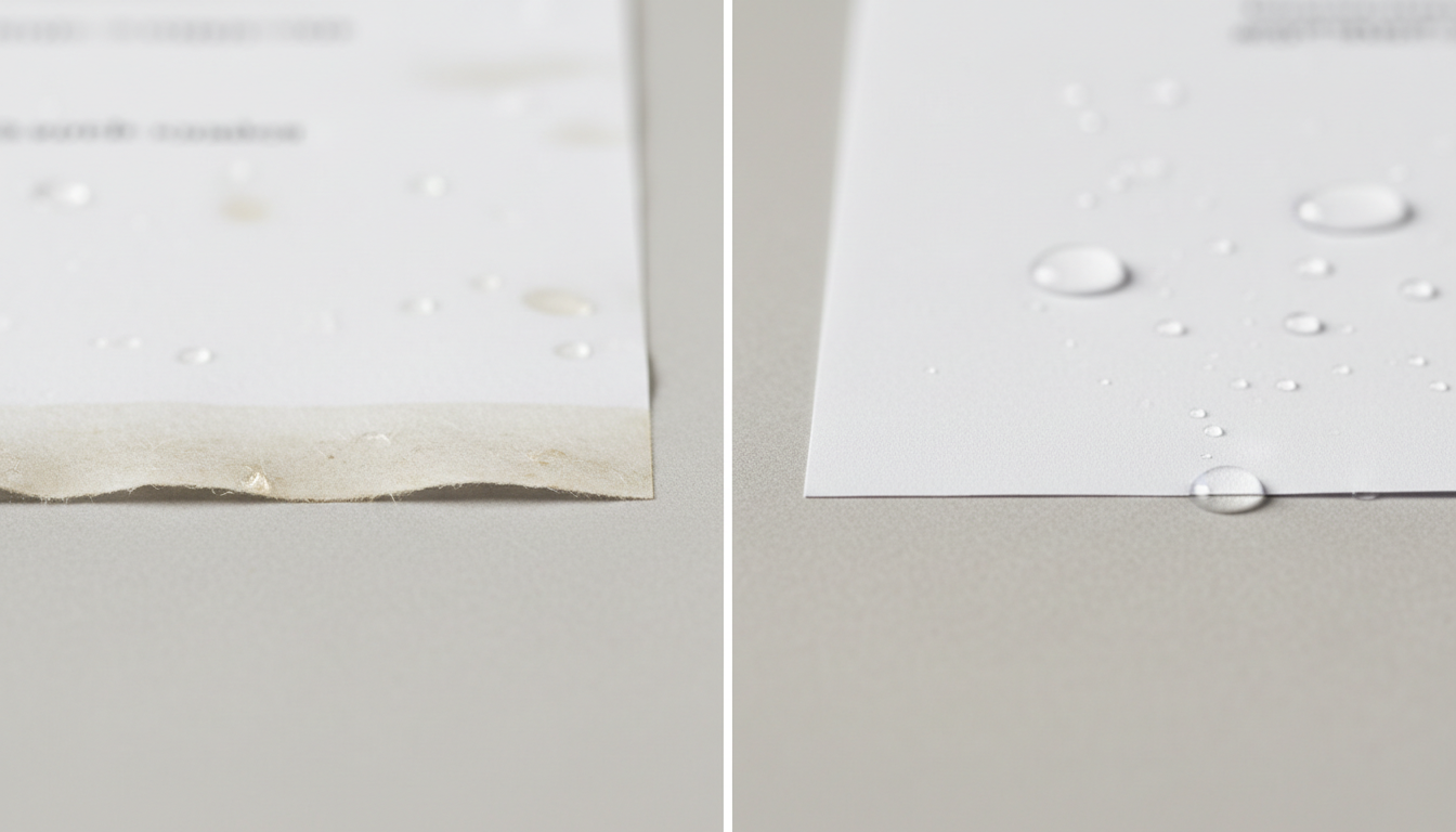 Comparison between conventional wet paper with frayed edge and water-resistant synthetic paper with intact surface in marking application.