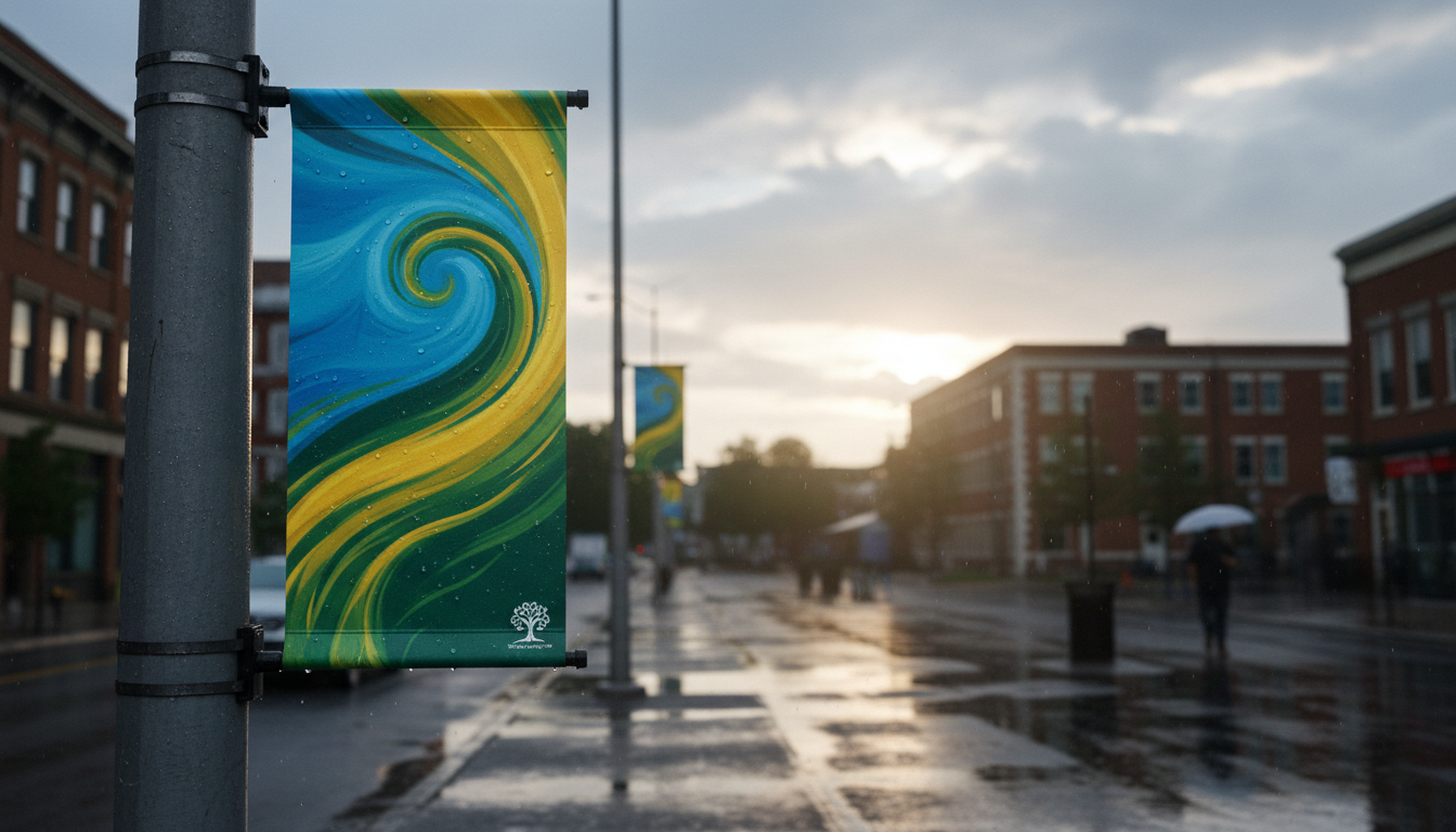 Advertising banner printed on rain-resistant synthetic paper installed on urban streetlight during a rainy day.