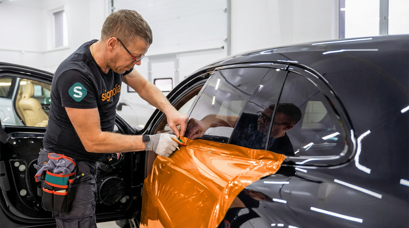 AI-generated image of an installer applying orange vinyl to a car body during a lettering process.