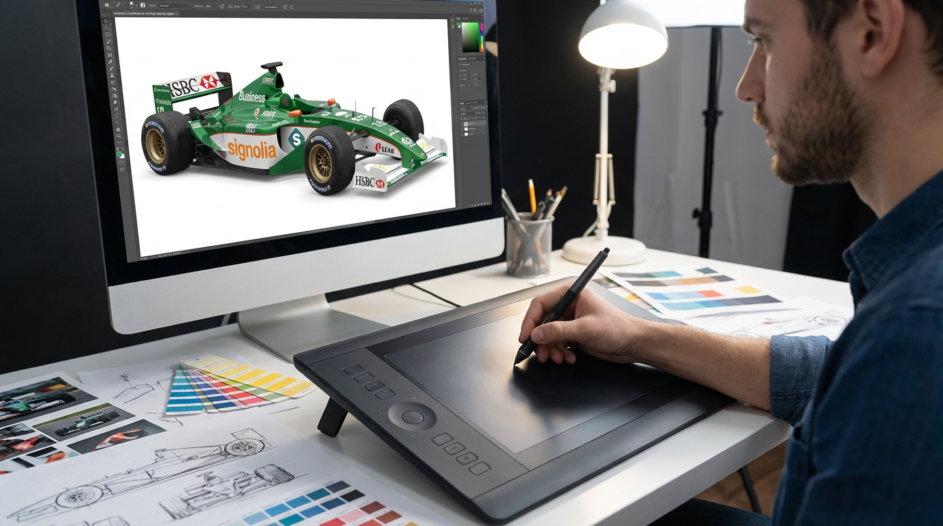 AI-generated image of a designer using a graphics tablet to create the wrap design of a racing car on the computer.